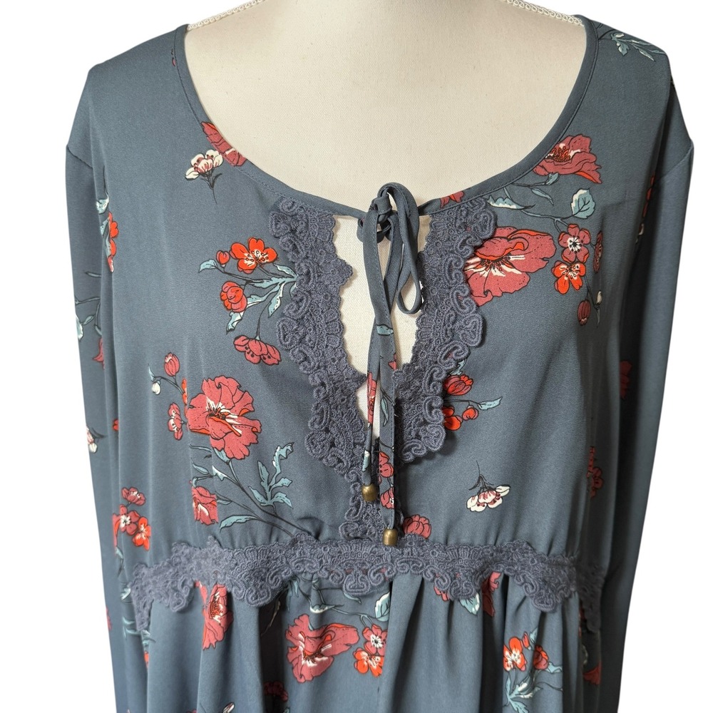 Eyeshadow Blue Gray Floral Lace Trim Tie Neck Peasant Tunic Blouse Top 3X *READ‎ - Picture 8 of 14